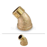 Angled view of a lead-free brass 45° street elbow showing threaded male end and cast markings on the body