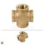 Front-facing brass 4-way cross pipe fitting with inset smaller product thumbnail below