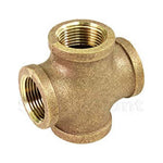 Angled view of a threaded brass plumbing cross fitting showing internal threads