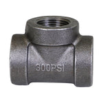 Close-up of a cast-iron straight tee pipe fitting stamped '300PSI', showing threaded top opening and textured finish.