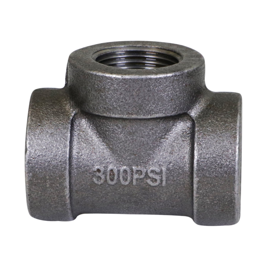 Close-up of a cast-iron straight tee pipe fitting stamped '300PSI', showing threaded top opening and textured finish.