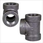 Two views of a cast-iron threaded tee fitting, showing interior threads and side/profile with stamped markings.