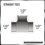 Technical diagram labeled 'STRAIGHT TEES' showing a 1.0" FIP tee with threaded openings on all three sides.