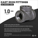 Product infographic showing a cast-iron straight tee fitting with headline 'CAST IRON FITTINGS' and '1.0 inches' size callout.