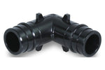 Supply Giant PEX-A black 90° plastic elbow fitting displayed flat to show both expansion barb openings and molded tabs