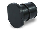 Black plastic PEX-A plug end cap with flat oval face and double-barbed shaft, angled view