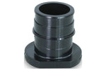 Black plastic PEX-A plug end cap with open cylindrical bore and double-barbed shaft, straight-on view