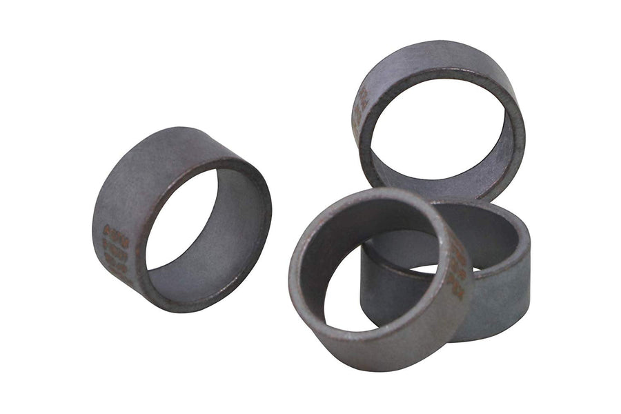 Cluster of Supply Giant PEX crimp rings shown as cylindrical metal pipe fittings on a white background