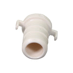 Close-up front view of a single white plastic PEX barbed end cap showing the hollow opening