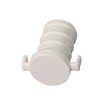 Single white plastic PEX barbed end cap lying on its side showing a flat closed end