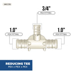 Technical infographic of a white reducing tee PEX fitting labeled 1.0" on two ends and 3/4" on the branch