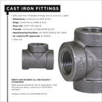 Specification panel for cast iron fittings with text bullets and large close-up photo of a threaded tee fitting.