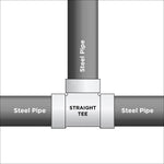 Simplified schematic showing a straight tee connecting three steel pipes with label 'STRAIGHT TEE' in the center.