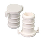 Two white plastic PEX plug end caps shown at slight angles on a white background