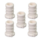 Five white plastic PEX barbed end cap plugs arranged on a white background