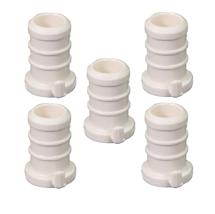 Five white plastic PEX barbed end cap plugs arranged on a white background