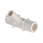 Single white PEX reducing tee barb fitting shown at an angle on a white background