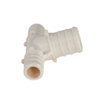Close-up angled view of a white PEX reducing tee barb pipe fitting on a white background