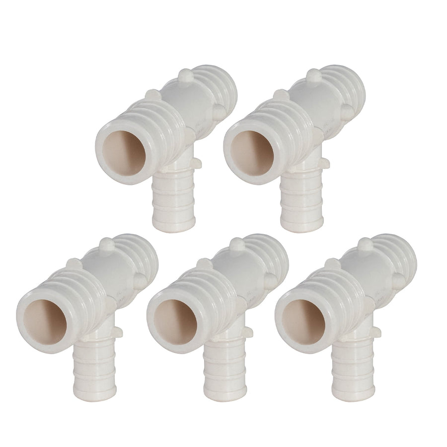 Five white plastic reducing tee PEX barb fittings arranged on a white background