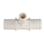 Top-down view of a white plastic reducing tee PEX barb fitting showing all three openings