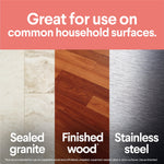Graphic showing sealed granite, finished wood and stainless steel surfaces with text about household use