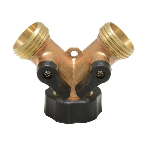 Surtek bronze Y-shaped garden-hose splitter with two threaded outlets and black shutoff levers