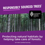 Promotional panel showing a forest and Sustainable Forestry Initiative logo with message about responsibly sourced trees