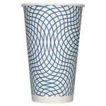 Sustainables 16 oz paper cup featuring a blue interlaced geometric wave pattern on a white cup.