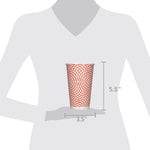 Silhouette infographic showing a Sustainables red-patterned 16 oz paper cup with dimensions 3.5" width and 5.5" height.