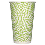 Close-up of a Sustainables paper cup with a green interlaced geometric wave pattern on white