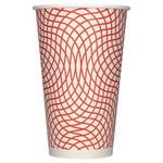 Sustainables 16 oz paper cup with red interlaced geometric wave pattern on a white background.