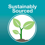 Sustainably Sourced graphic featuring a simple sprouting plant icon and the heading 'Sustainably Sourced' on teal background.