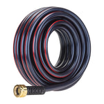 Coiled dark garden hose with a thin red stripe and a brass female connector visible at the front on a white background