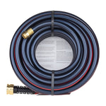 Top-down view of a tightly coiled dark hose with red stripe, brass fittings and visible product information beneath the coil