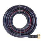 Flat overhead image of a neatly coiled dark garden hose with red stripe and brass female connector at the edge