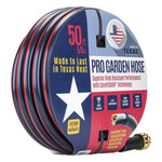 Angled product shot of a coiled Pro Garden Hose on its round packaging label, showing red stripe on dark hose and brass connector