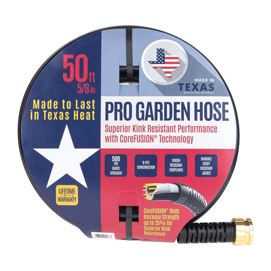 Round cardboard packaging label for a Pro Garden Hose showing Texas-themed graphics, 50 ft callout and hose connector peeking out