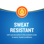 Blue feature graphic with orange droplet icon and bold text 'SWEAT RESISTANT' describing product benefit