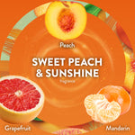 Circular orange graphic labeled 'Sweet Peach & Sunshine' with images of peach, grapefruit and mandarin fruits