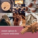 Warm spices collage featuring cinnamon sticks, star anise, baked goods and text 'sweet spices & a warm welcome'.