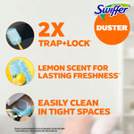 Informational panel with Swiffer logo and text highlighting 2X trap+lock and lemon scent benefits with product visuals
