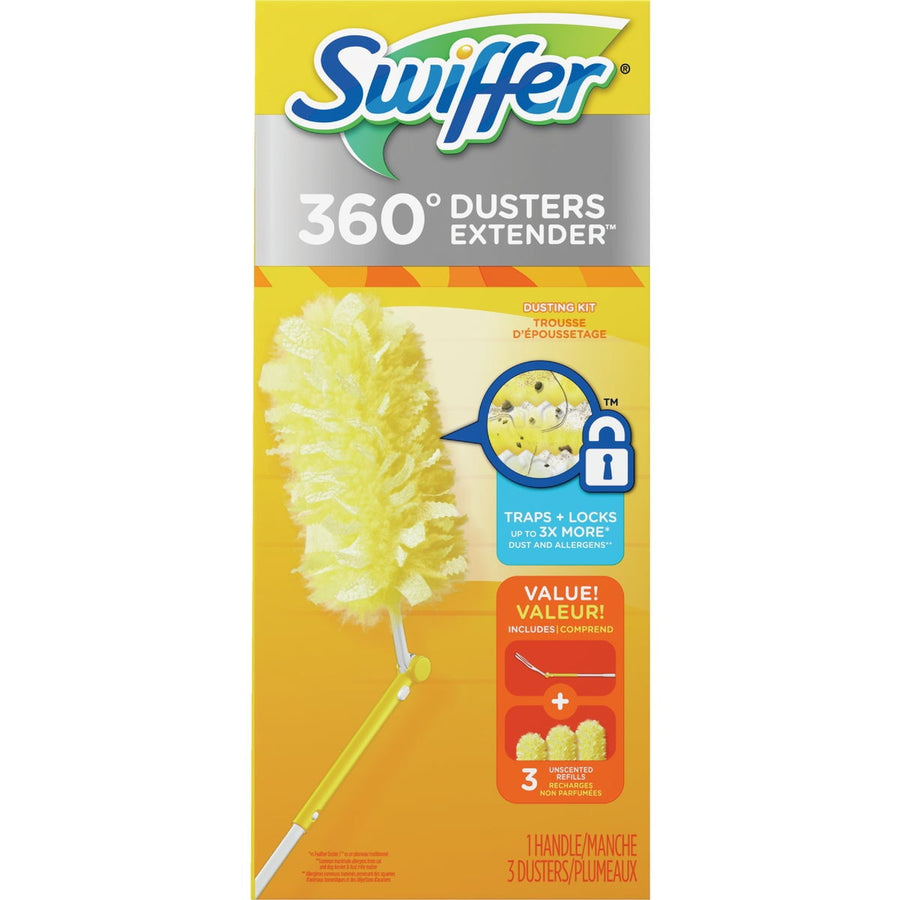 Front view of Swiffer 360° Dusters Extender retail box showing product image and branding