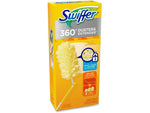Tall angled retail packaging of Swiffer 360° Dusters Extender showing handle and yellow duster illustration