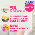 Graphic panel highlighting 5x dust pickup and new pink lemonade scent with Swiffer logo and product close-ups
