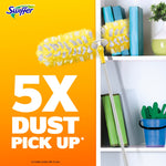Swiffer duster on an extendable pole shown on a shelf beside books with bold text '5X Dust Pick Up' on orange background.