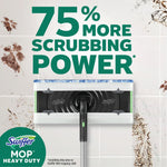 Bold typographic graphic claiming 75% more scrubbing power with a Swiffer mop head on tiled floor
