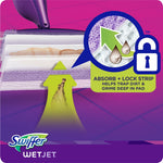 Illustration showing a cross-section of a Swiffer wet pad with absorb-and-lock strip graphic and droplets icon.