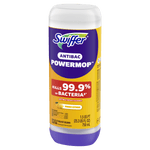 Swiffer Antibac PowerMop refill bottle angled to show front and partial side label with 99.9% bacteria claim
