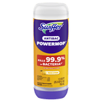 Centered Swiffer Antibac PowerMop refill bottle with bold purple logo and fresh citrus lemon graphic on yellow label