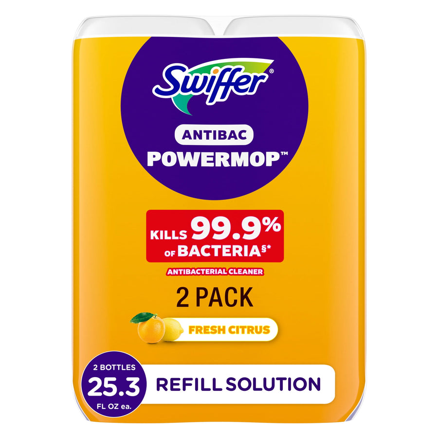 Close-up of Swiffer Antibac PowerMop refill solution 2-pack packaging with fresh citrus label